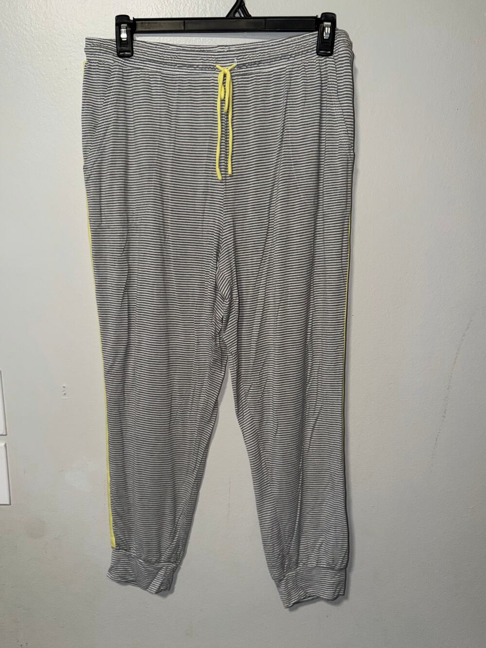Secret Treasures Grey and White Striped Jogger Pants Yellow Drawstring Side Stri